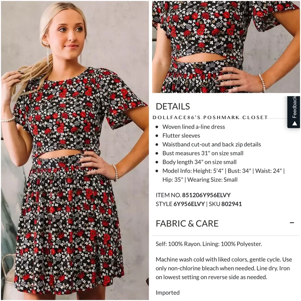 Floral Print Stomach Cut Out Short Sleeve Dress - Picture 3 of 14